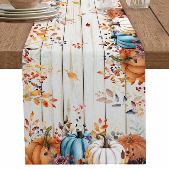 nqOlkjepod Orange Blue Fall Table Runner 36 Inches Long Farmhouse Dress Scarves, Pumpkins Retro Botanical Thanksgiving Dining Tablerunner for Coffee Table/Kitchen Island/Party Décor, Small 13" x 36"