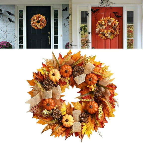 Clearance Wreath under $30,Fall Decor Fall Wreaths For Front Door Outside Fall Door Wreath With Orange Pumpkins Leaves Bows 45cm Autumn Wreath Fall Decorations For Home Patio Outside