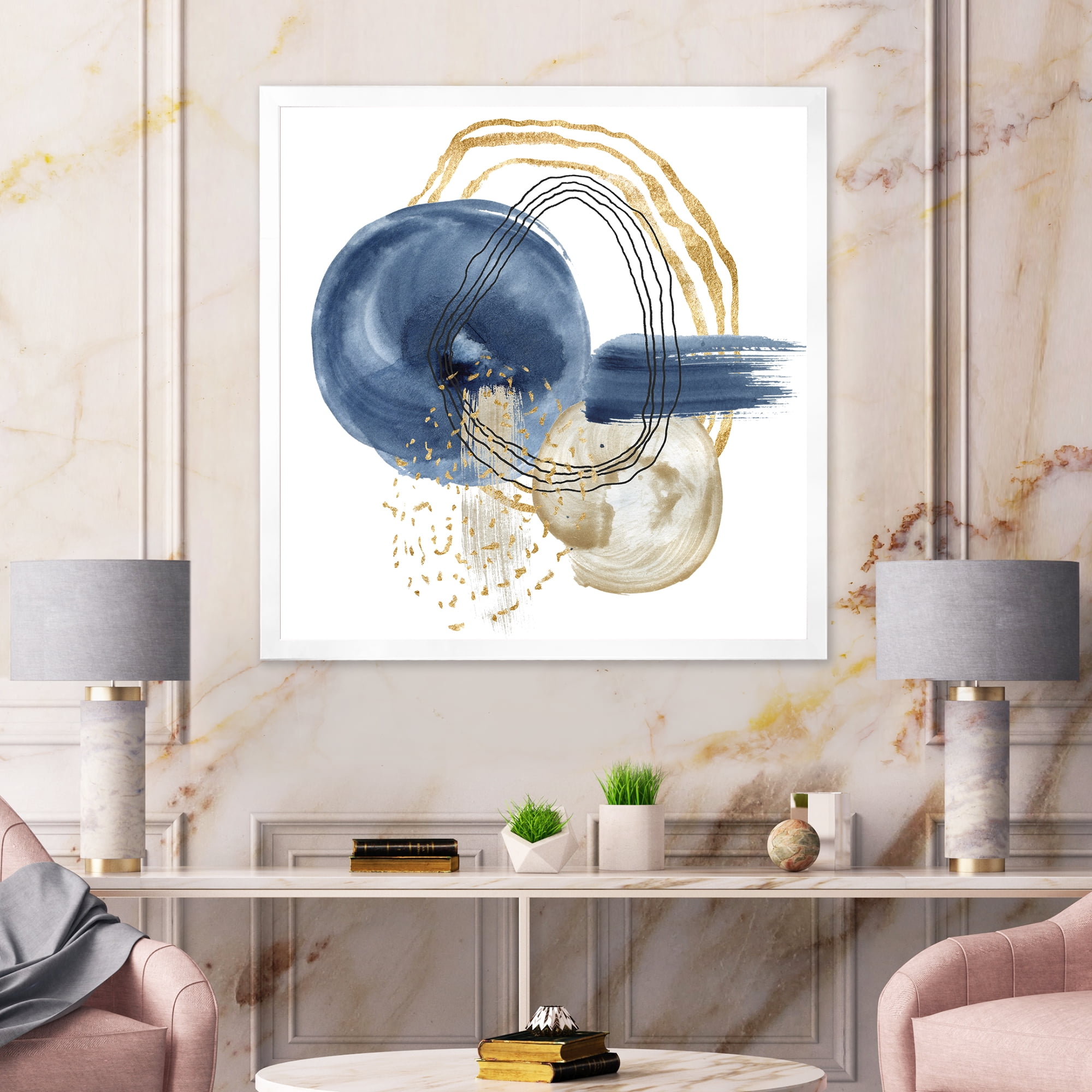 Designart 'Abstract Black and Dark Blue Gold Underwater Life' Modern Framed Art Print