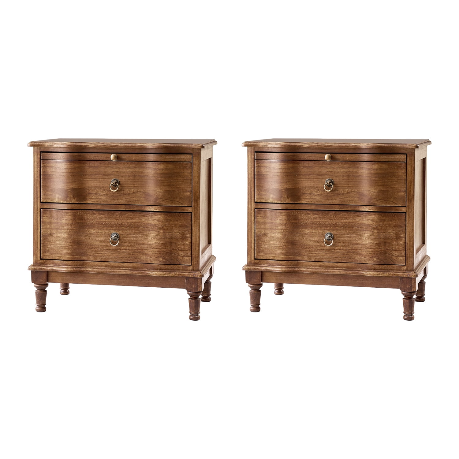25" Traditional 2 Drawers End Table Solid Wood Set of 2 with Pull-out Tray and Charging Station Cherry