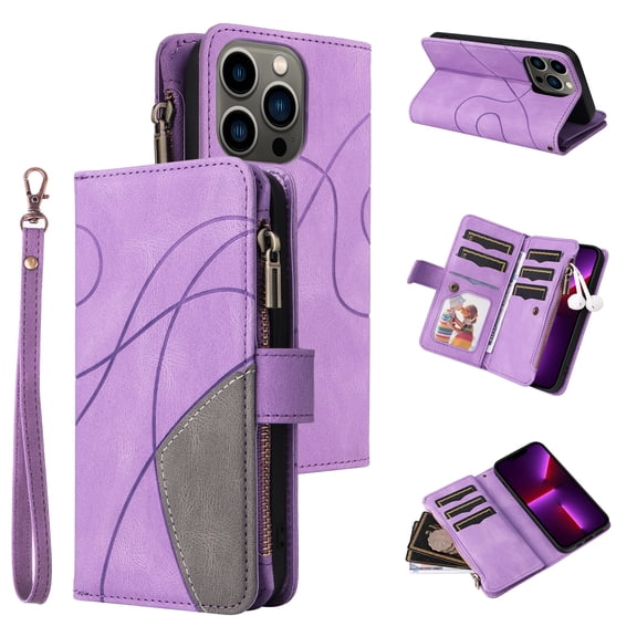Wallet Case for iPhone 13 Pro, PU Leather Zipper Storage Bag Kickstand Shockproof Flip Cover for iPhone 13 Pro