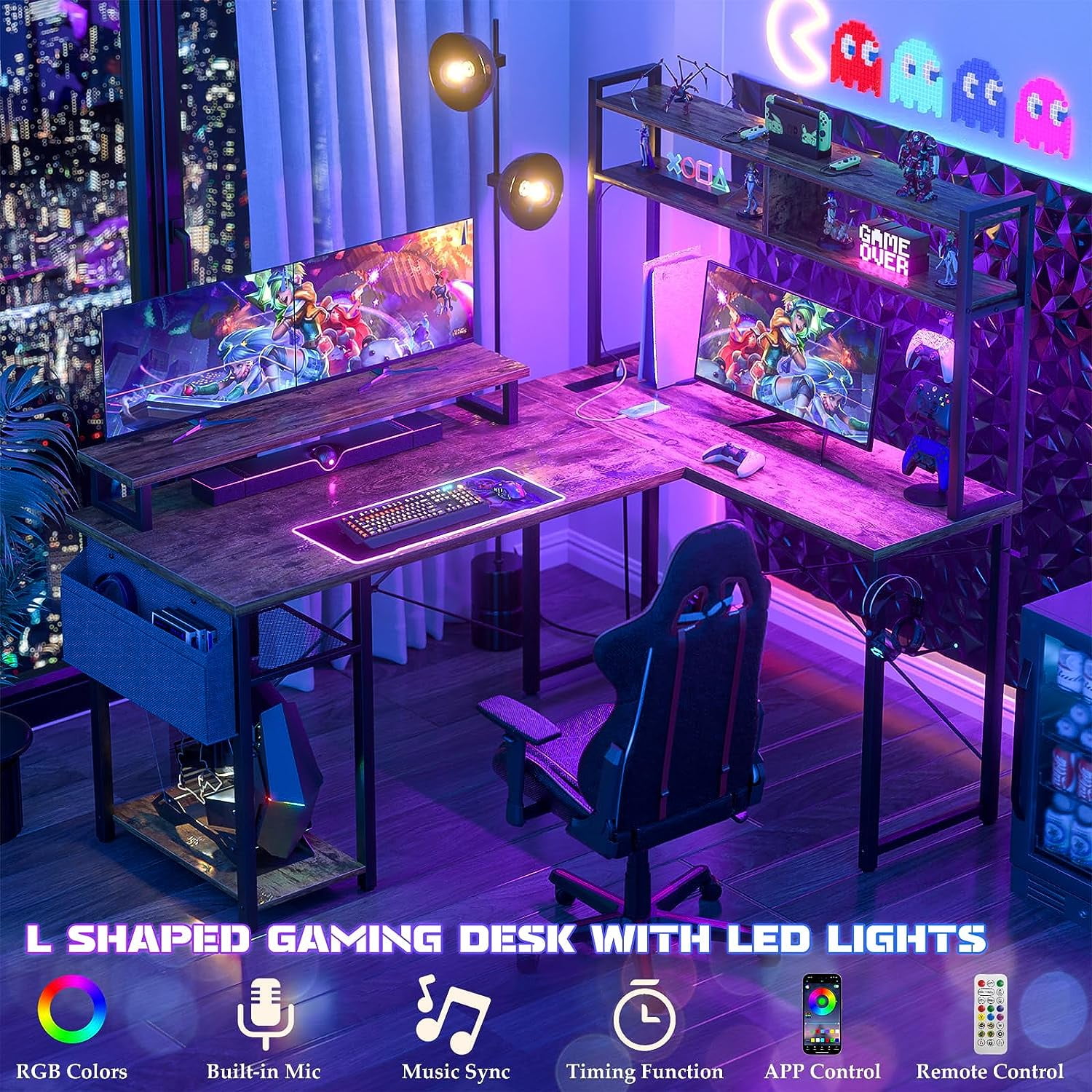 Homieasy L Shaped Computer Desk with Hutch, Reversible Gaming Desk with Monitor Stand & Storage Shelf, Corner Desks Home Office Desk with Power Outlets & LED Lights, Rustic Brown