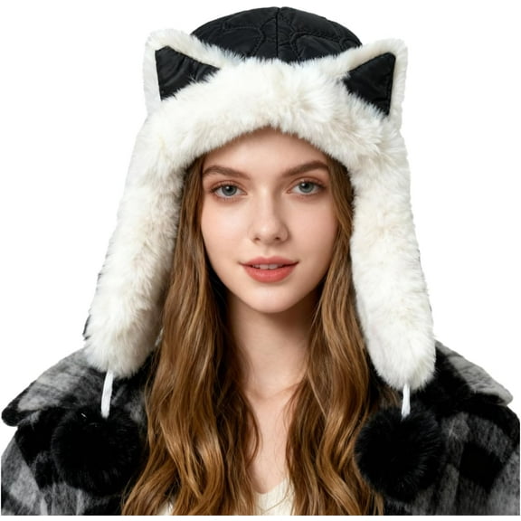 AKcxy Super Cute Cat Ear Trapper Hat for Women, Winter Fuzzy Faux Fur Ushanka Russian Hat Full Hood Ski Hunting Earflap Hat