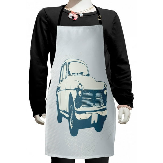 Retro Car Kids Apron, Old Fashion Vintage Custom Collector Automobile Funky Graphic Design, Boys Girls Apron Bib with Adjustable Ties for Cooking Baking Painting, Slate Blue Baby Blue, by Ambesonne