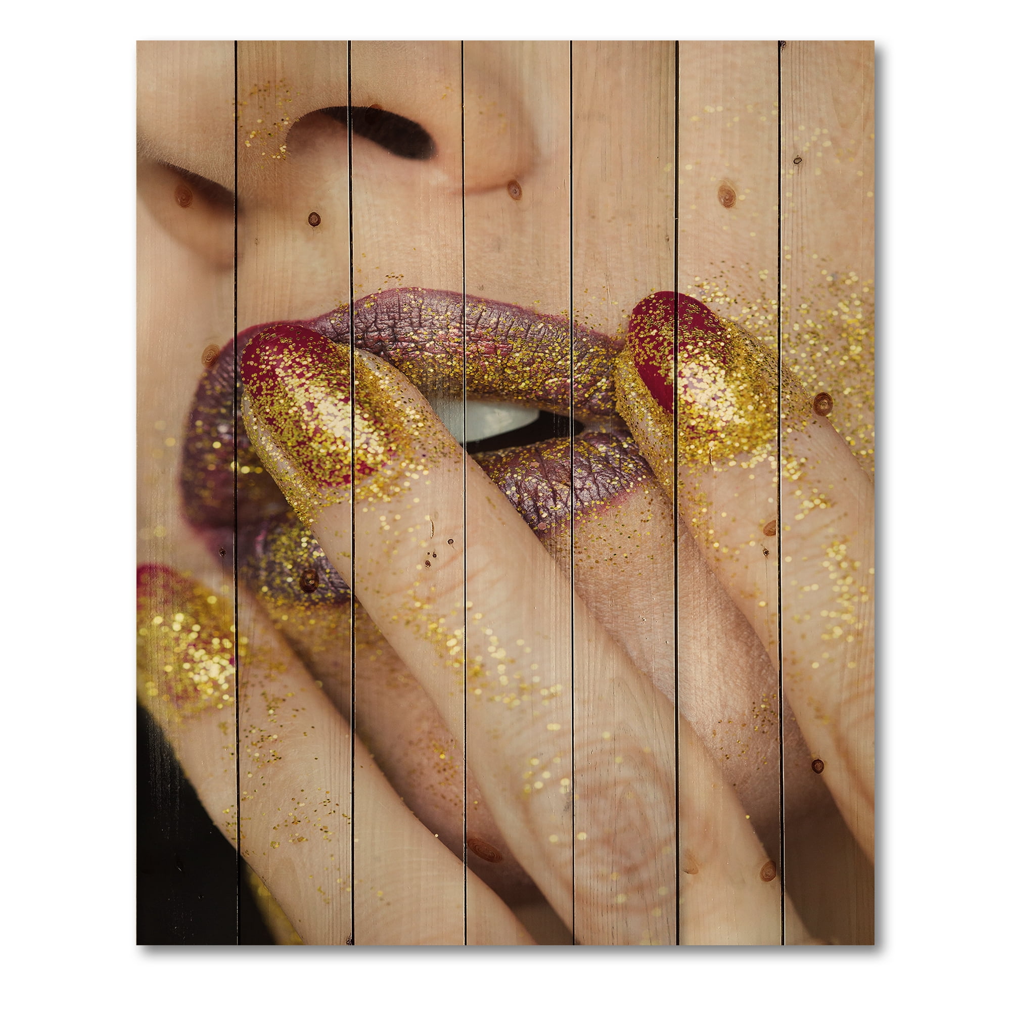 Designart 'Close-Up Of Woman Golden Gold Glitter Lipstick' Modern Print on Natural Pine Wood
