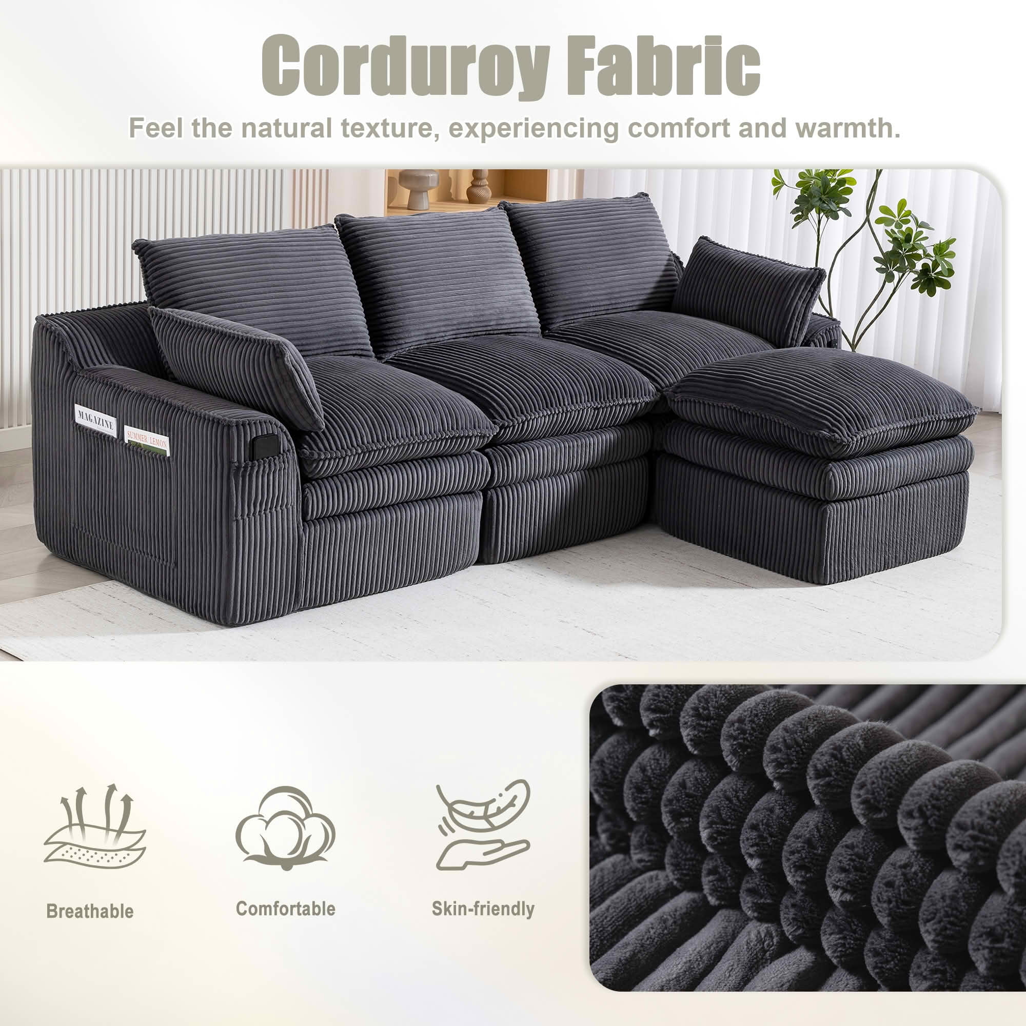 MAYEERTY Modular L Shape Corduroy Sectional Sofa, Compressed Boneless Cloud Couch with Footstool & Pillows for Small Living Space