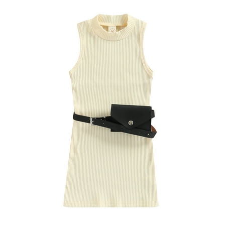 

Canrulo Summer Girls Dress With Belt Bags 3 Colors Solid Strap Sleeveless Knit Straight Sundress Beige 2-3 Years