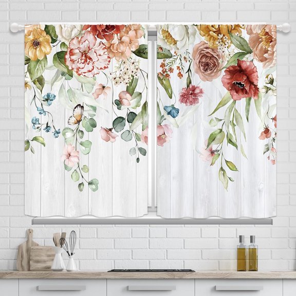 Farmhouse Watercolor Flower Kitchen Curtains, Rustic Wooden Colorful Floral for Bathroom Dining Room Window Curtains Small Short Boho Wildflower Cafe Window Treatment Tiers Drapes 27.5x39 Inch