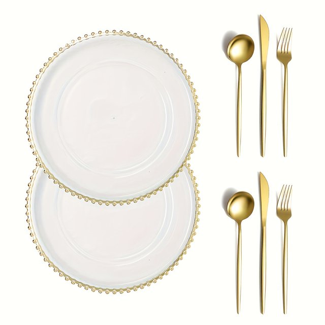 8/16pcs Clear Plastic Charger Plates with Gold Beads Rim Acrylic Decorative Service Plate withGold Beads Rim Decorative Service gold8PCS