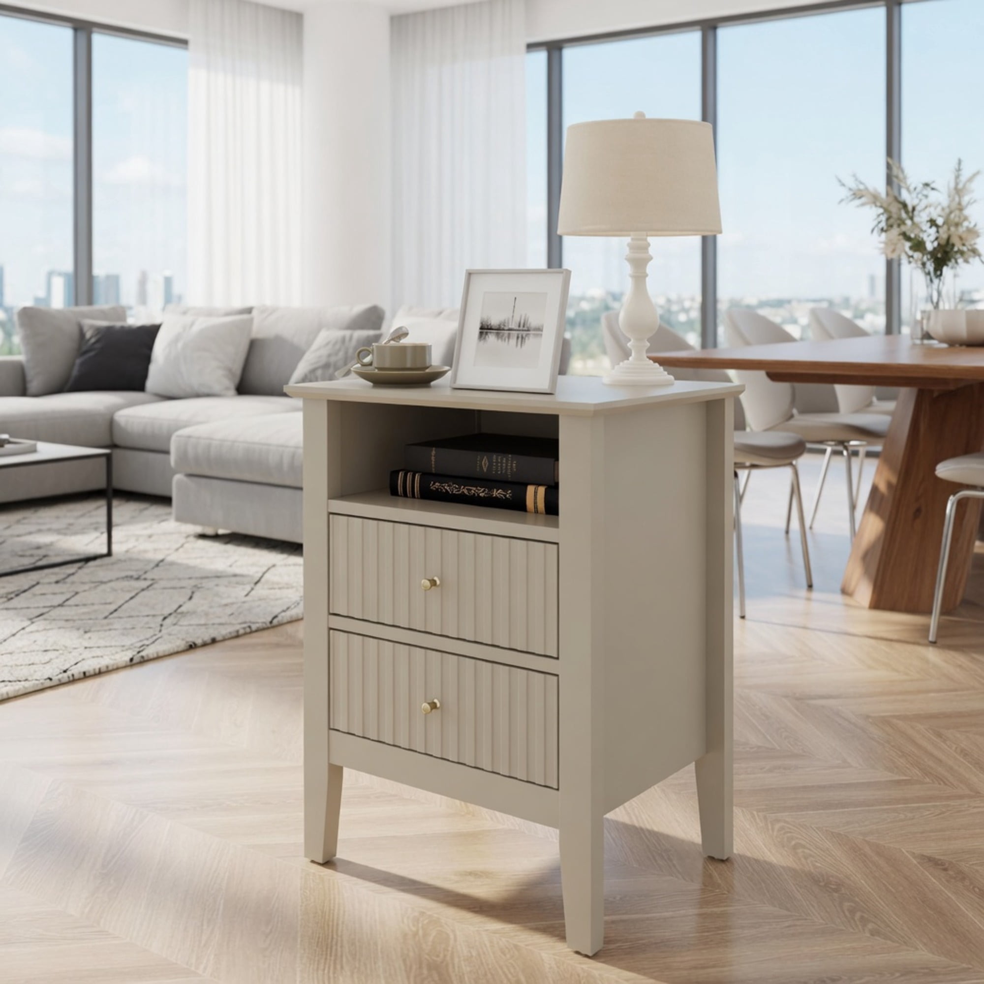 18" Beige Fluted Nightstand with 2 Drawers - Modern Bedroom Sofa Side Table