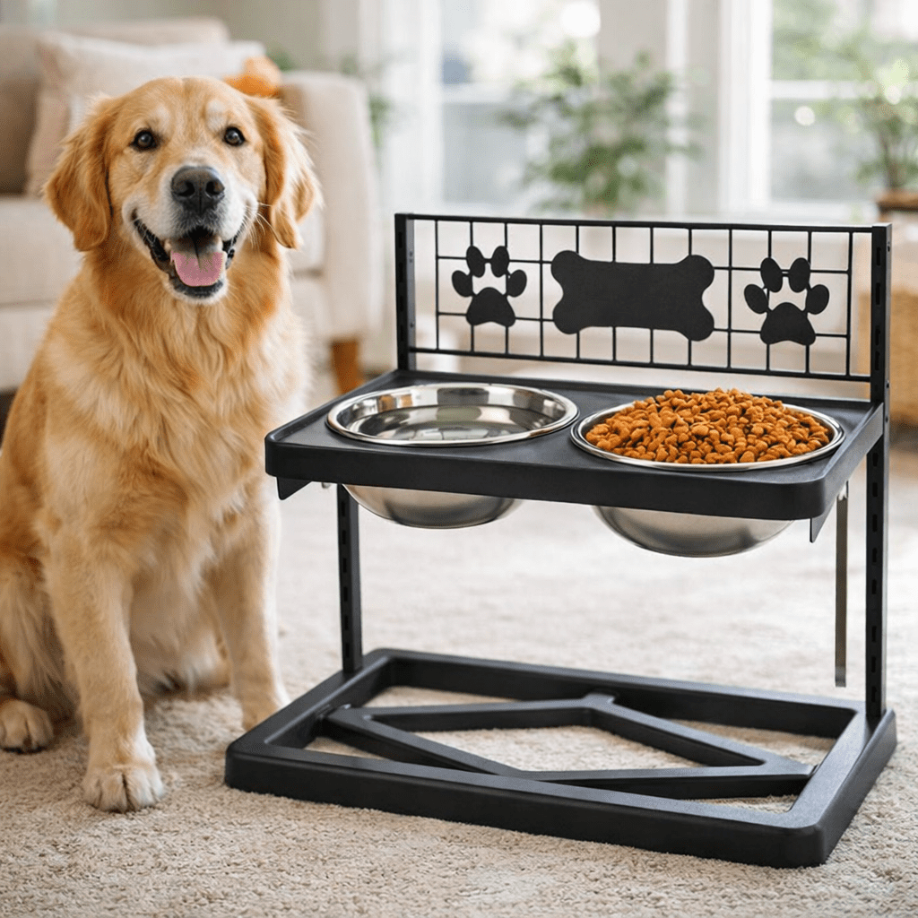 DOULAIMENG Adjustable Height Large Stainless Steel Food Bowl with 2 Stainless Steel Dog Bowls for Dogs, Black Paw Print
