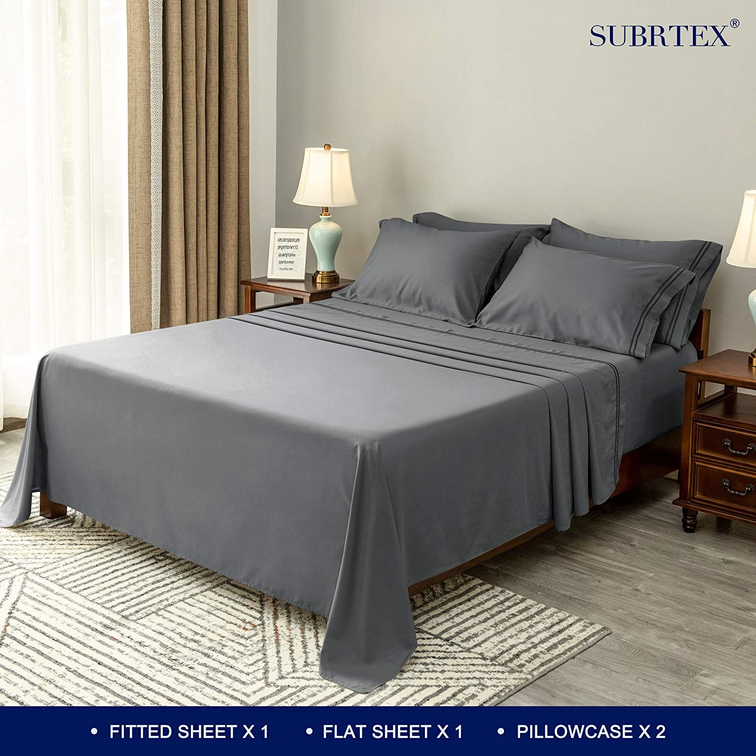 Subrtex 300 Thread Count 4-Pack Sheet Set Soft and Wrinkle Resistant（Queen,Gray）