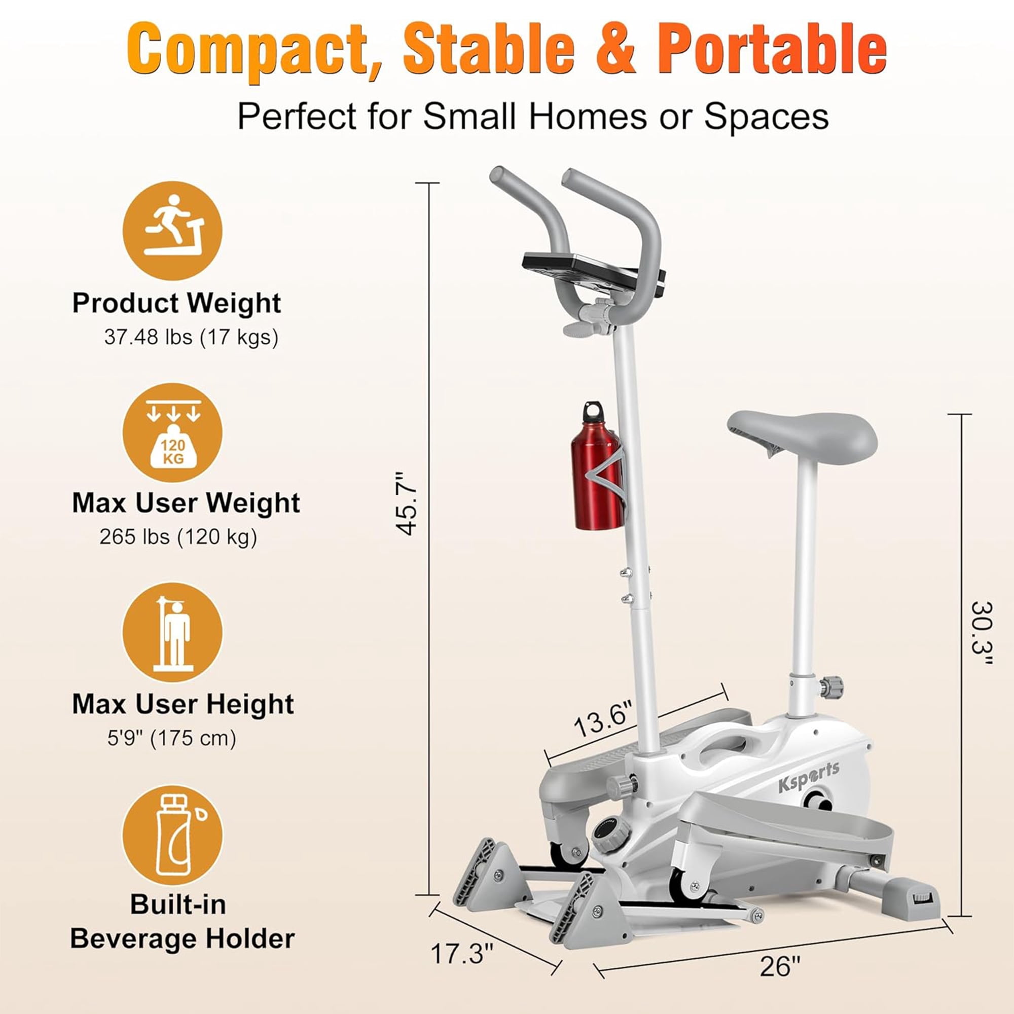 Ksports Mini Elliptical Machine with Seat, 3-Level Incline, & LED Display
