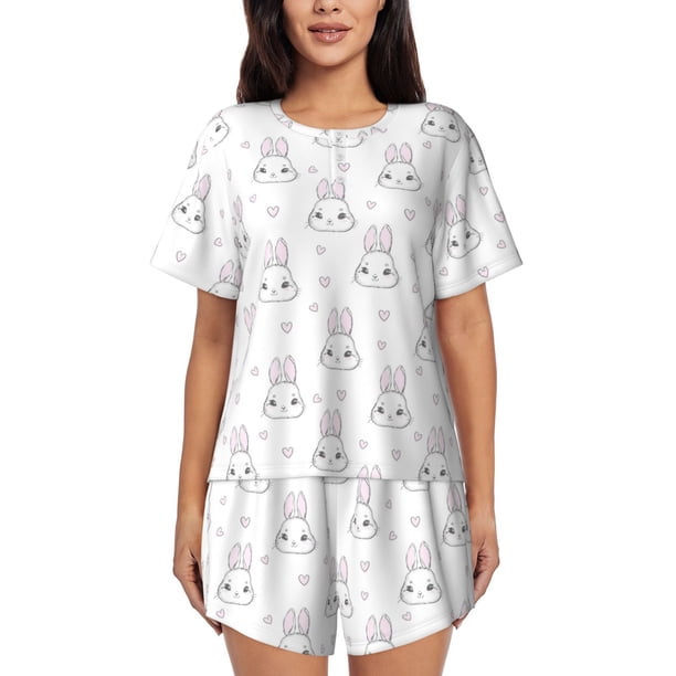 Balery Heart Rabbit Conjunto de Pijama para Mujer con Estampado, Dos Piezas de Manga Corta y Shorts, Ropa de Dormir Suave con Cuello Redondo y Bolsillos-Small