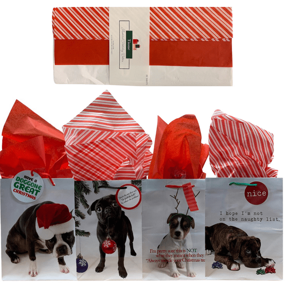 Christmas Gift Bags Dog Themed - Fun Themed Dog Gift Bags- Dog Jokes (Set of 8) 20 Piece Holiday Tissue