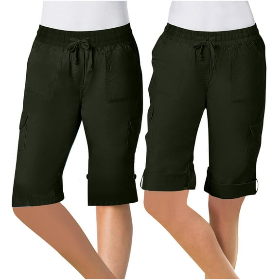 Womens Sweat Casual Summe Shorts Women Fashionable Solid Color Multi Pocket Casual Drawstring Workwear Straight Leg Capris,Army Green,M