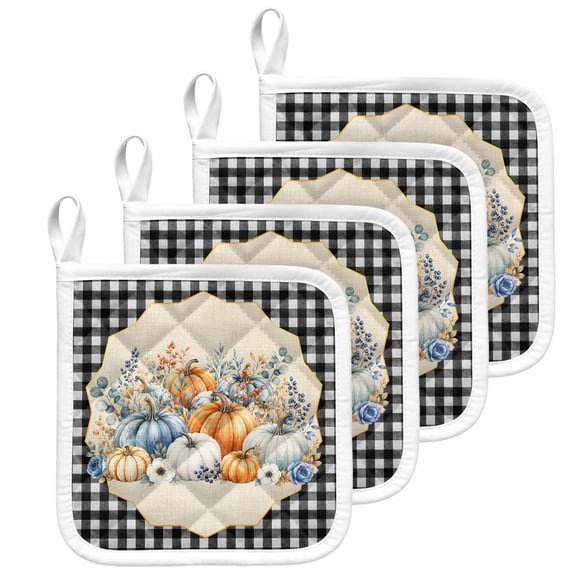 Thanksgiving Fall Pot Holders for Kitchen Heatproof Potholder, 4 Pack Rustic Orange Blue Pumpkin Black Plaid Hot Pads Multipurpose Oven Pads Terry Cloth Potholders Trivet for Cooking and Baking