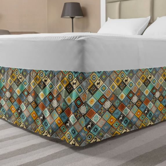 Tribal Bed Skirt, Primitive Culture Composition with Different Motifs Elk and Bulls Folk Mosaic, Elastic Bedskirt Dust Ruffle Wrap Around for Bedding Decor, 4 Sizes, Multicolor, by Ambesonne