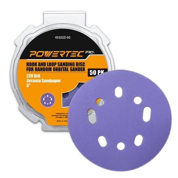 POWERTEC PRO 50PK, 5 Inch Sanding Discs Hook and Loop, 220 Grit, Zirconia Orbital Sander Sandpaper for 5 & 8 Hole Random Orbital Sanders - Automotive, Paint, Metal, Woodworking (45322Z-50)