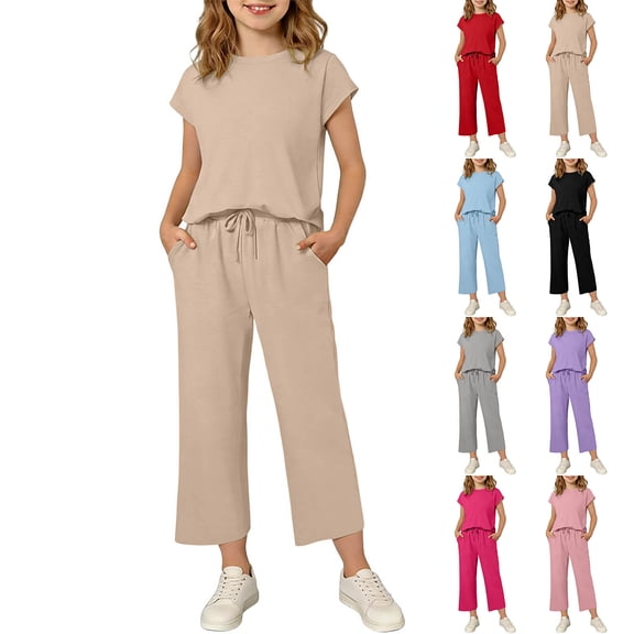 FRSASU Girls Summer 2 Piece Outfit Set Short Sleeve Henley Top and Drawstring Wide Leg Pants Solid Color Loungewear Red-A
