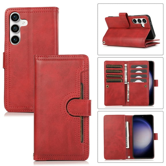 Compatible with Samsung Galaxy S25 Plus Wallet Case,RFID Blocking PU Leather Folio Magnetic Closure Protective Cover with Wrist Strap Outer Slide Credit Card Holder Kickstand Men Women,Red