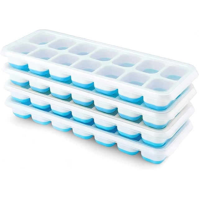 Bandejas para cubitos de hielo, paquete de 4, bandejas de cubitos de hielo de silicona con tapa extraíble, 14 cubitos de hielo flexibles de fácil liberación, bandejas de hielo apilables con
