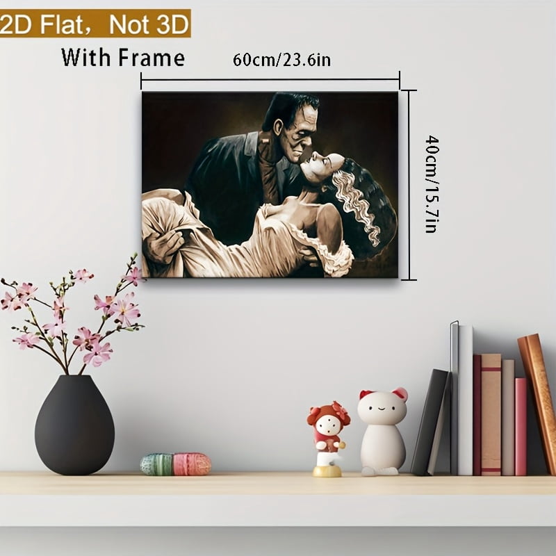 2D Flat Framed 2D Plane, 1 Wood Framed Canvas Painting Frankenstein and His Bride Halloween Art Print, Dark Academia Gothic Wall Decoration, Classic Horror Theme, Neutral Color Palette,