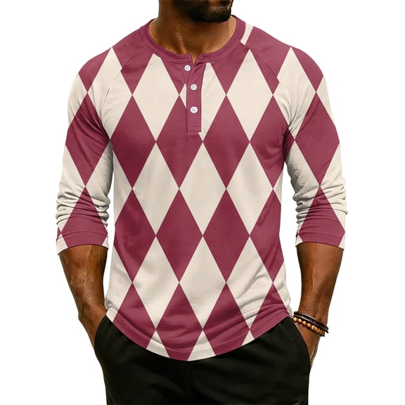 CCRFTGI Polo Shirts for Men Henley 3/4 Sleeve Raglan Casual Fashion Plaid Color block T Shirts Sport Athletic Button Down Workout 2026 Summer Tee Tops Hot Pink L