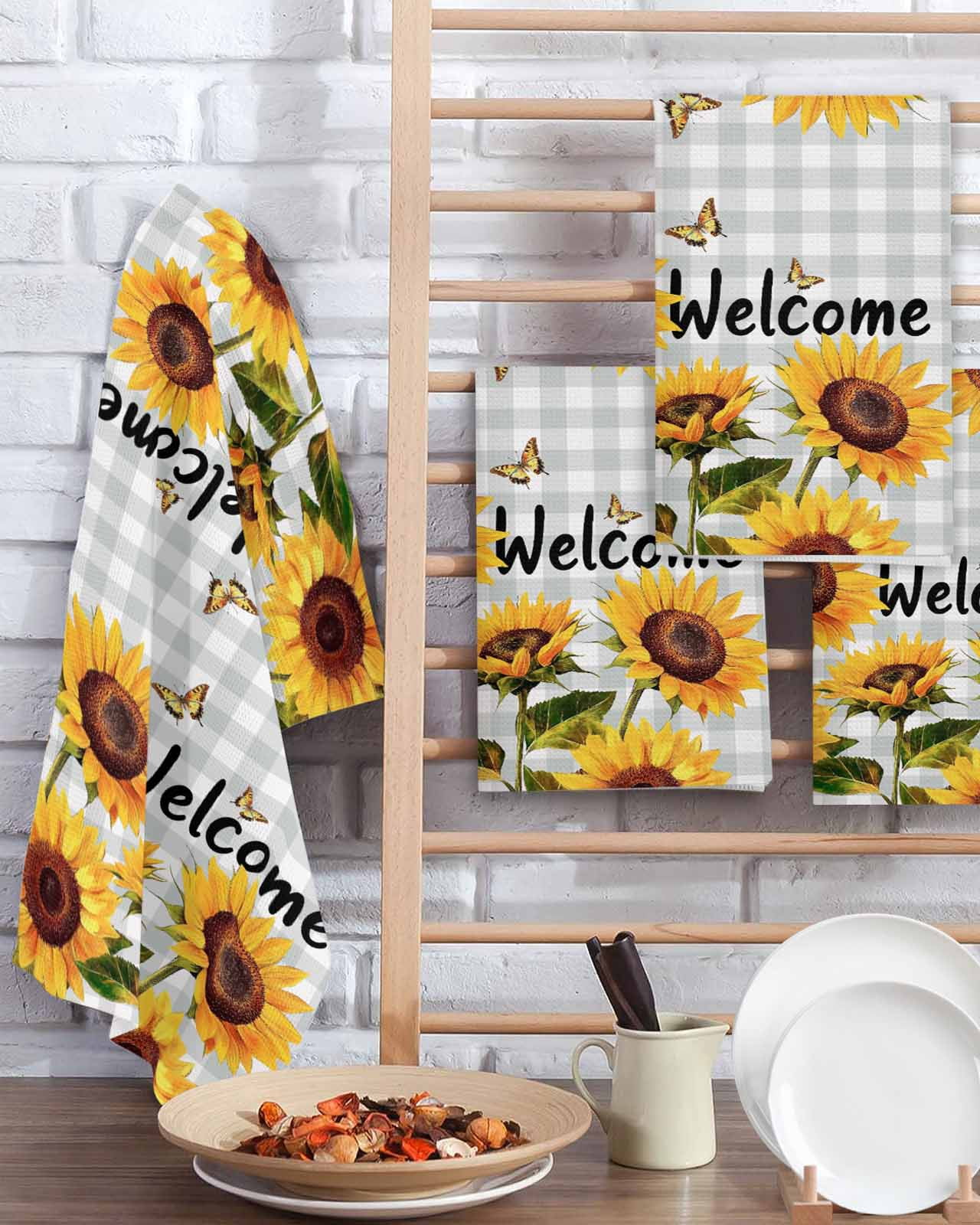 Yellow Sunflower Kitchen Dish Towels for Drying Dishes Set of 2, Butterfly Grey Buffalo Plaid Spring Waffle Weave Microfiber Terry Hand Tea Bathroom Towels Quick Dry & Absorbent Towel 15.7x23.6