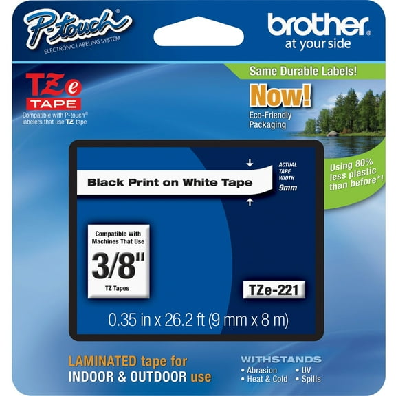 Genuine Brother TZE221 3/8" Black on White TZE P-Touch Tape (2 Tapes)