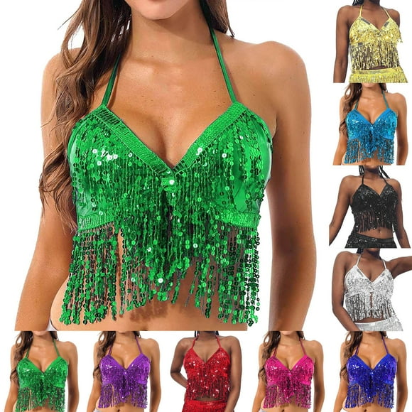 Women's Tank Tops Silver Sequin Fringe Sparkly Belly Dance Performance Bra Top Camisole Tops for Women Hot Pink A