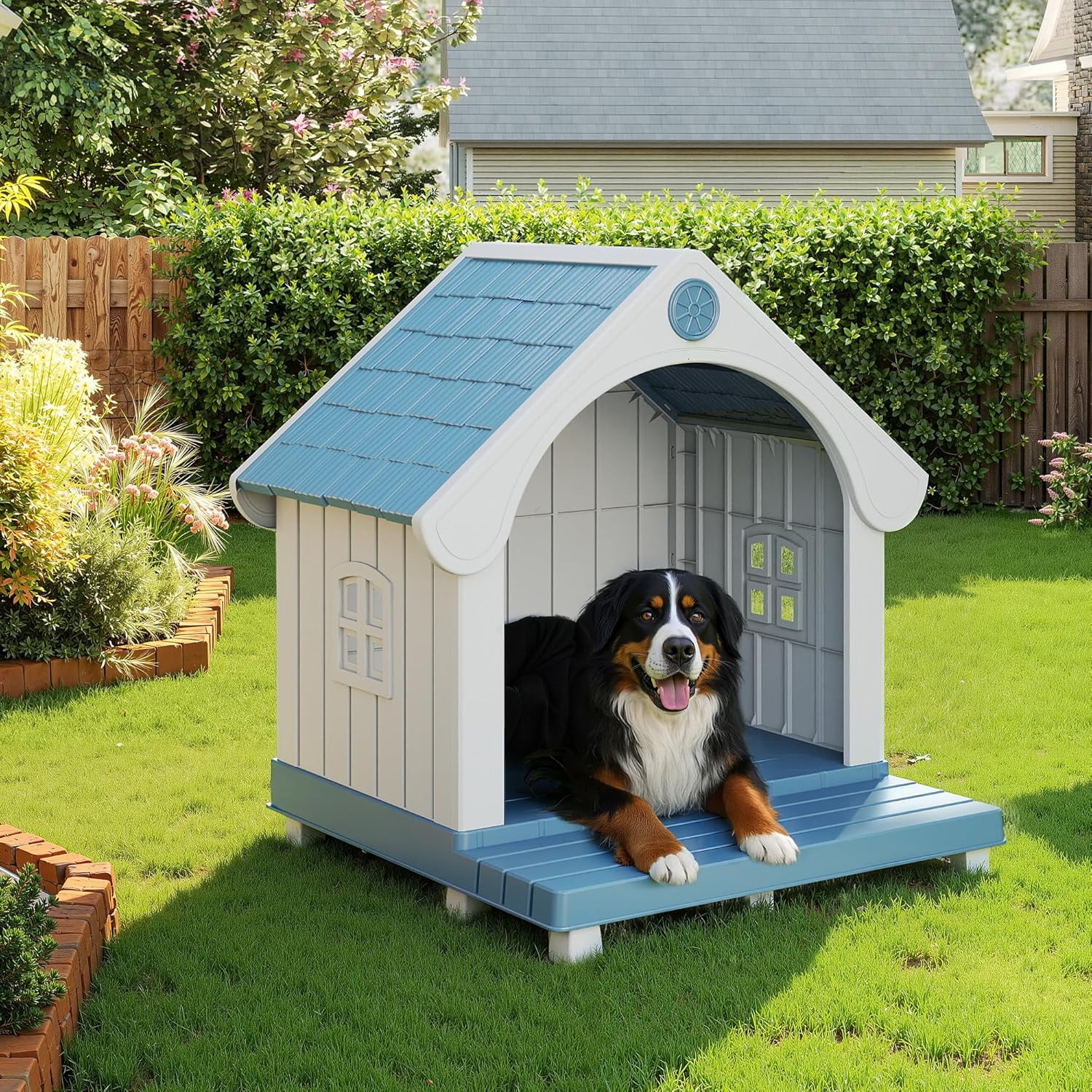 Outdoor Pet House with Elevated Platform, Weatherproof Plastic Pet Shelter for Medium Pets
