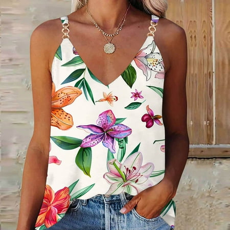 Qhnvtd Tank Tops Women Built In Bra 2024 Tshirts For Women Womens Tunic Tops Women s Summer Casual Sleeveless Floral Printing Blouse V-Neck Tops T-Shirt Multicolor