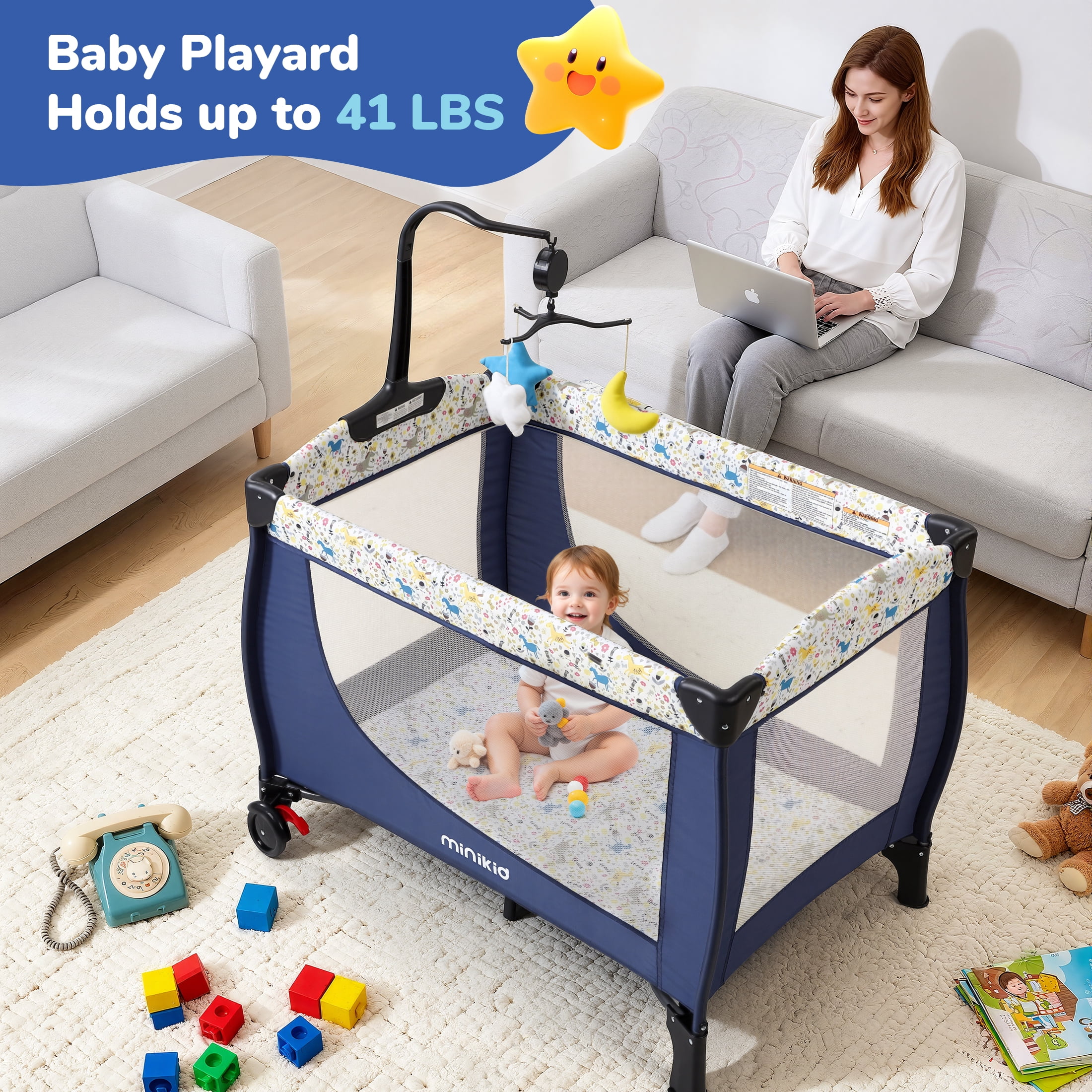 Minikid Nursery Center Playard with Bassinet Music and Toys, Baby Playpen for Newborn to Toddlers,Blue