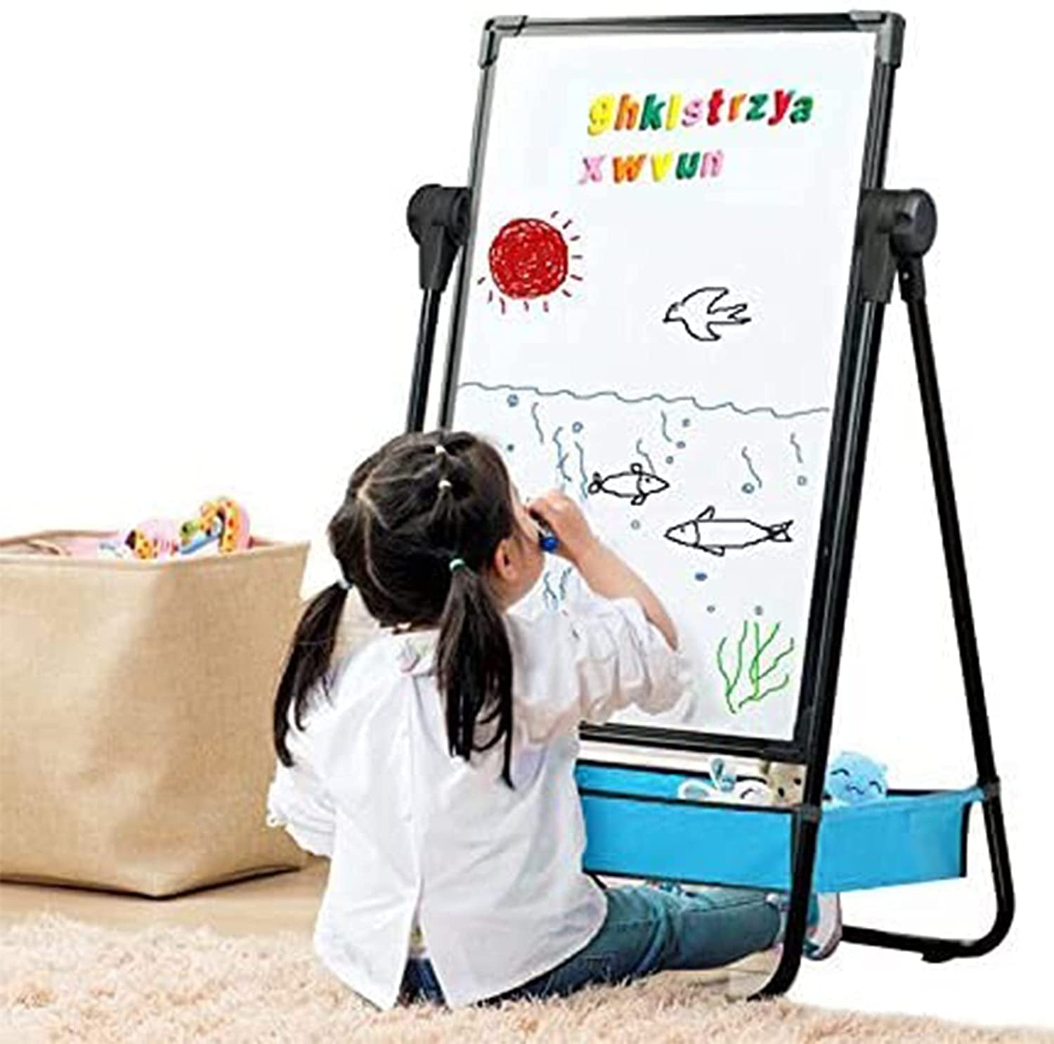 QZMTOY Kids Art Easel, Deluxe Standing Easel Set, Adjustable Art Table, Magnetic Dry Erase Board&Chalkboard Double Sided Stand, 360°Rotating Drawing