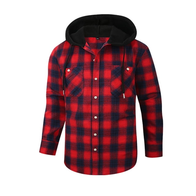 Camisas Para Hombre Slim Fit Abrigo de camisa a cuadros de franela de lana con capucha informal de moda de primavera para hombres (Red, S)