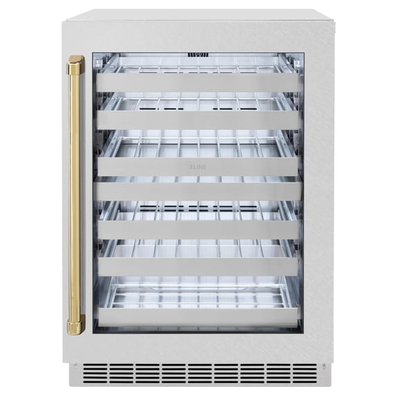 ZLINE Autograph Edition 24 in. Touchstone Dual Zone 44 Bottles Wine Cooler With DuraSnow Stainless Steel Glass Door And Polished Gold Handle (RWDOZ-SN-24-G)