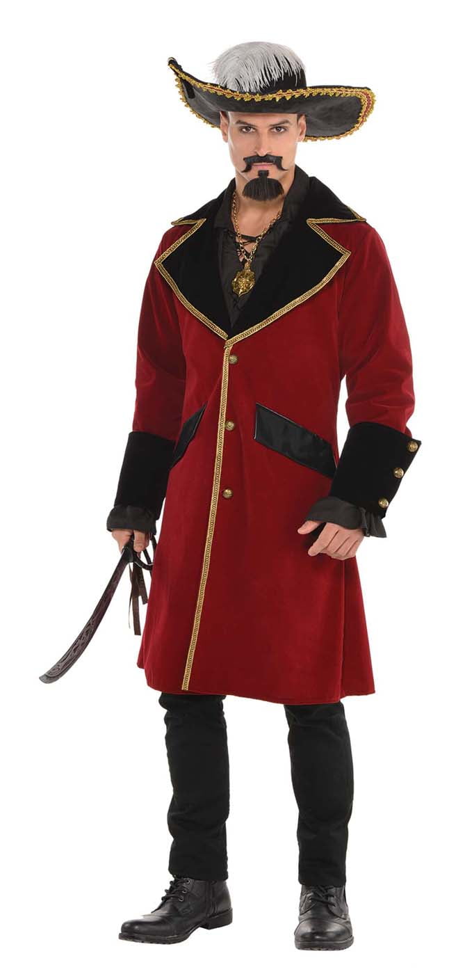 ADULTS RED PIRATE COAT CAPTAIN BLACK BEARD SWORD HAT UNISEX COSTUME FANCY DRESS 