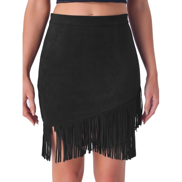 Falda de ante sintético para mujer Inspire Chic con flecos, cintura alta, estilo vintage, falda corta XS negra