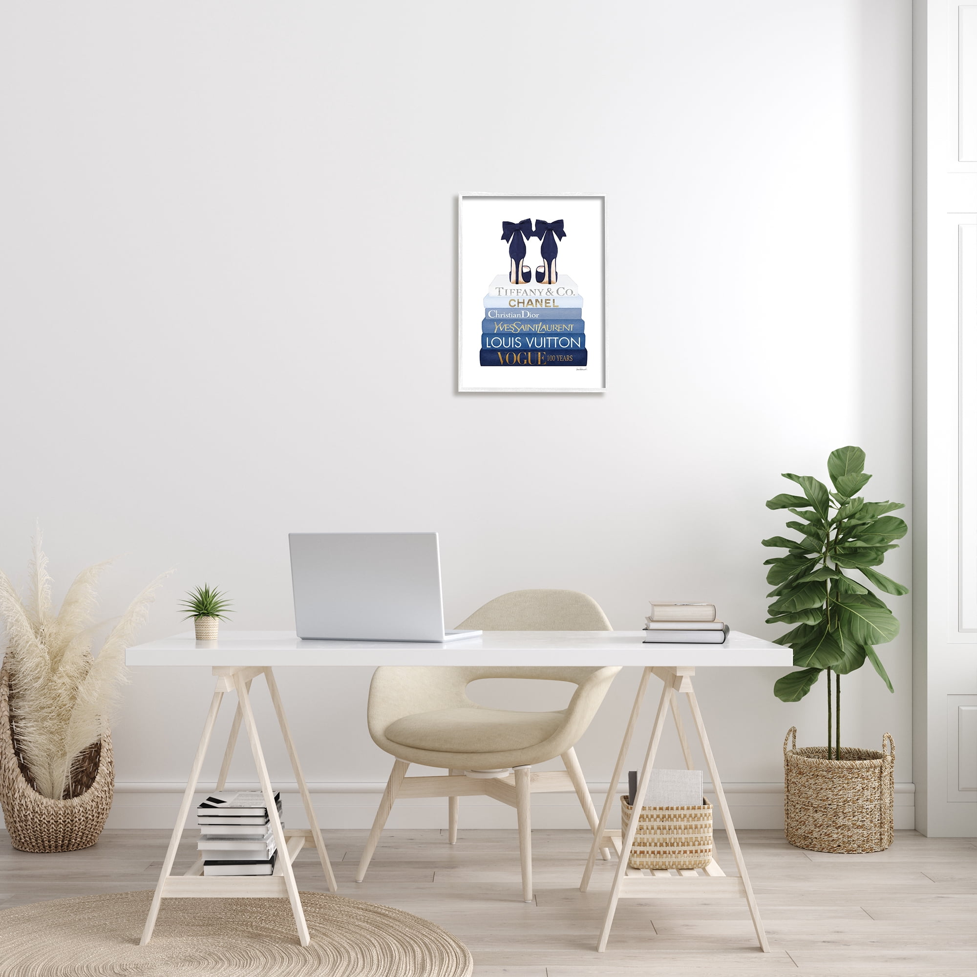 Stupell Industries Navy Blue Bow Heels Chic Glam Bookstack Glam Painting White Framed Art Print Wall Art, 16 x 20, Design by Amanda Greenwood