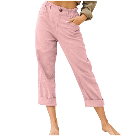 Daznico Women's Solid Cropped Pants Elastic Waist Button High Waisted Carpi Pants Cotton Linen Pants Casual Pants With Pockets Pants for Women Pink L