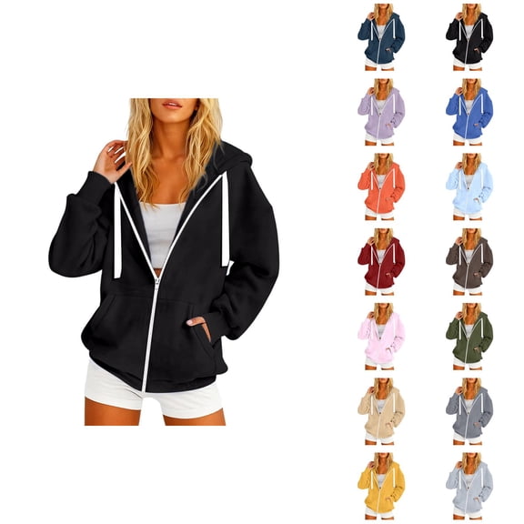 Zip Up Hoodies for Women 2025 Long Sleeve Zipper Plain Hooded Sweatshirt with Pockets Jacket Coat Outerwear