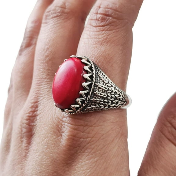 NEW Coral Mans Ring, Natural Red Coral Ring, Unisex Ring, Silver Jewelry, 925 Silver Ring, Birthday Gift, Heavy Mens Ring, Arabic Design, Ottoman Style Ring, Christmas, Turkey Mens Signet Ring