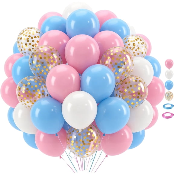 Pink Blue White Balloons,50 Pcs 12 inch Pink Blue and White Pastel Gold Confetti Latex Balloons with 2rolls Ribbon For Birthday Baby Shower Gender Reveal Party Supplies Decorations