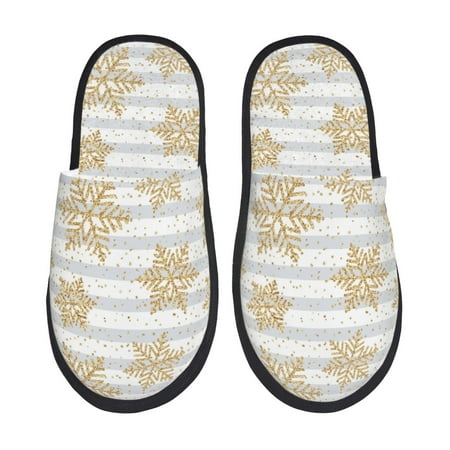 

Qekee Gold Snowflake Print Furry Slippers for Women and Men House Slipper Funny Bedroom Slippers Indoor -Large