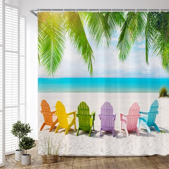 Beach Shower Curtain Summer Ocean Scenery Colorful Beach Chair Tropical Palm Coconut Tree Sea Wave Birds Seaside Nature Bathroom Decor Polyester Fabric Curtains with Hooks 72Wx72H Inch