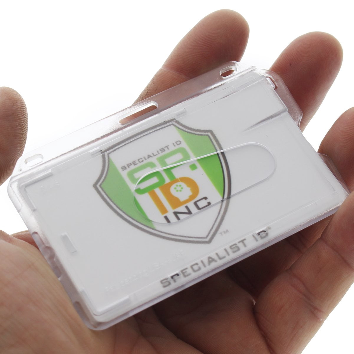 Bulk 50 Pack - Slim Heavy Duty Horizontal ID Badge Holders - Hard Plastic (Holds 1 Card) Clear Polycarbonate - Single CR80 30 Mil - Rigid Case Easy Access with Thumb Notch Dispenser by Specialist ID