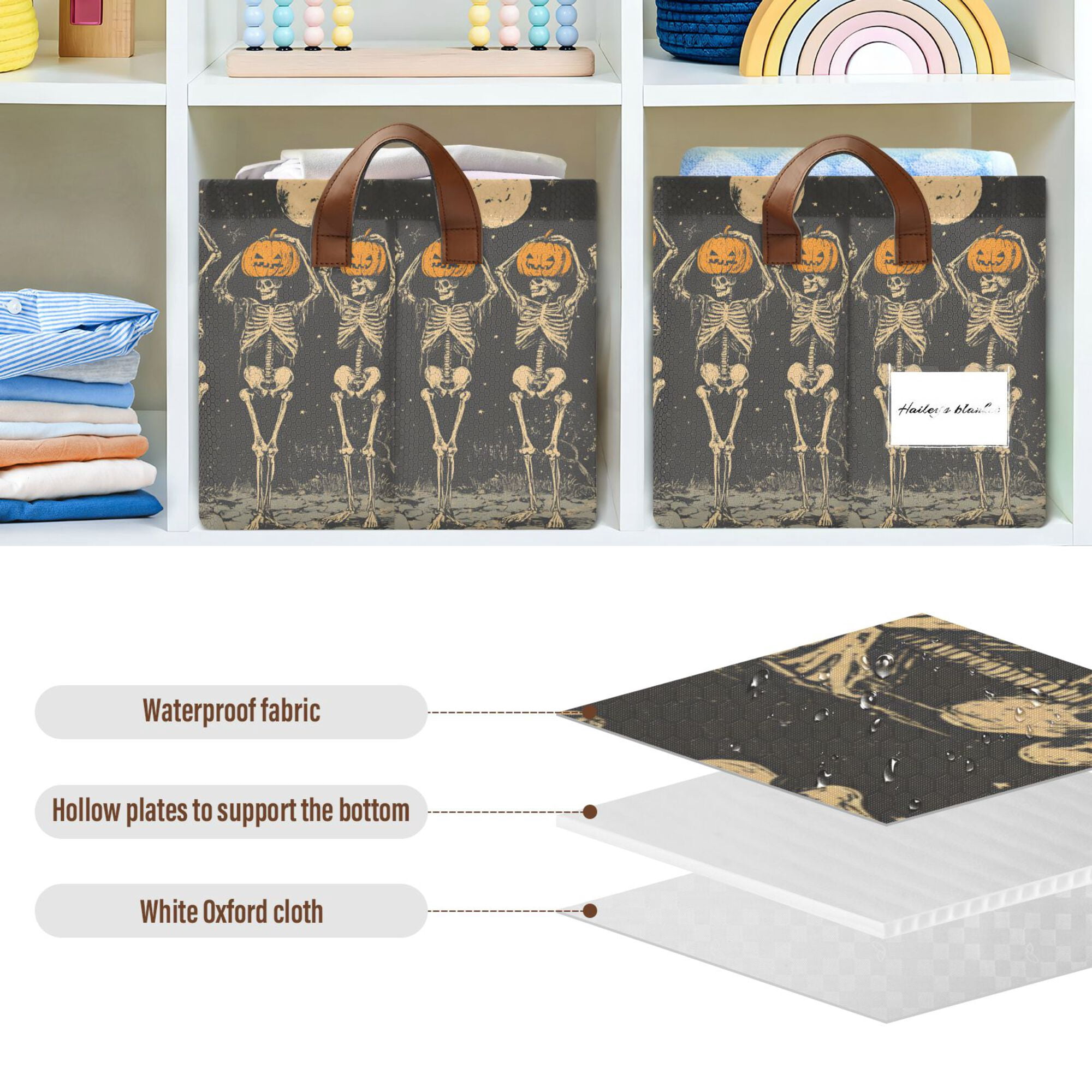 Yayeee Foldable Storage Basket for Shelves with Handles Waterproof Cloth Bins, Beige Halloween Skeleton