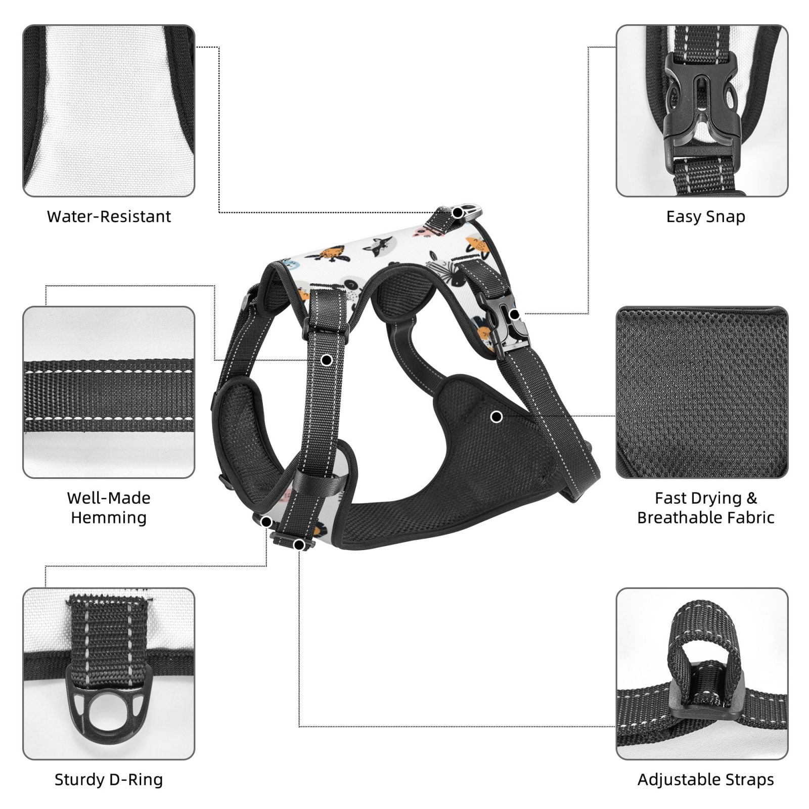 Vsdgher Cartoon Animals Pattern Dog Harness,No Pull Pet Harness with Soft Padded Handle,Adjustable Reflective Vest with 2 Buckles,4 Slide Buckles,S-XL