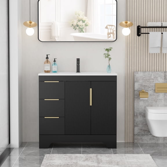 Eclife 36-inch Bathroom Vanity with Integrated Sink, Soft-Close Hinges, Mid-Century Modern Design